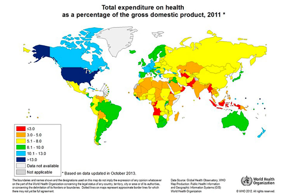 Svetová zdravotnícka organizácia: Celkové výdavky na zdravotníctvo ako percentuálny podiel hrubého domáceho produktu – 2011