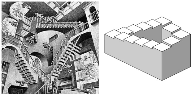 Relativita, M.C Escher (1953) a Penrosove schody (1958).